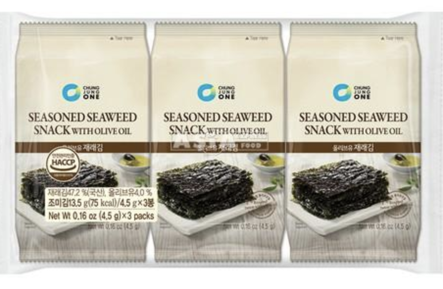 KR CHUNG JUNG ONE Seaweed Snack With Olive Oil 3*4.5g | 清净园 橄榄油海苔 3*4.5g