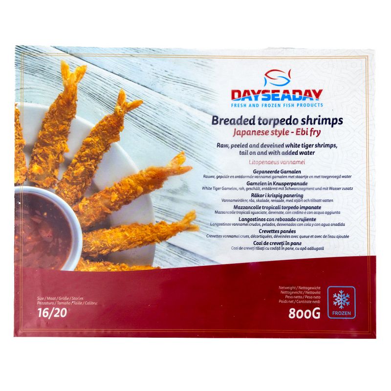Japanilaiset rapeat torpedokatkaravut 16/20 800g | Dayseaday 日式香脆面包糠炸虾 16/20 800g