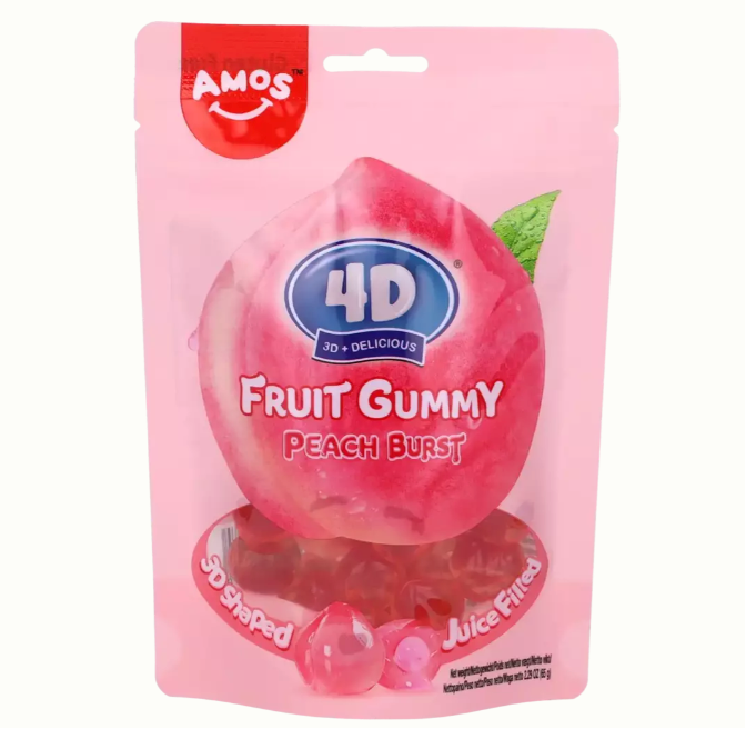 AMOS 4D果汁爆浆软糖 桃子味 65g  | AMOS 4D Fruit Gummy Juicy Burst Peach Flavor 65g 