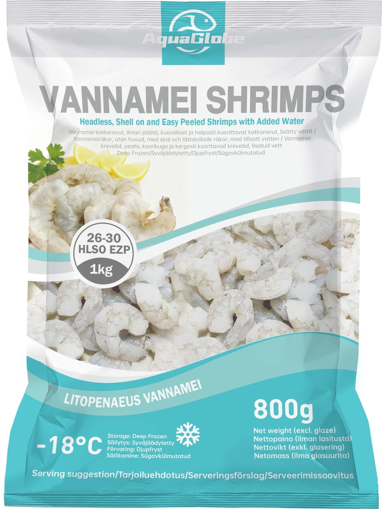 AquaGlobe Vannamei Katkaravut HLSO Easy Peeled 26/30 800g | AquaGlobe 开背白虾 (无头有壳) 26/30 800g