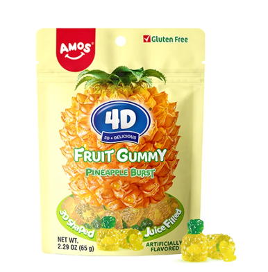 AMOS 4D爆汁软糖 菠萝味 65g | AMOS 4D Gummy Juicy Burst Pineapple Flavor 65g