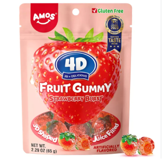 AMOS 4D爆汁软糖 草莓味 65g | AMOS 4D Gummy Juicy Burst Strawberry Flavor 65g