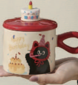 Mug with Birthday Cake Cat Design Red 380ml | 生日猫咪杯 红色 380ml