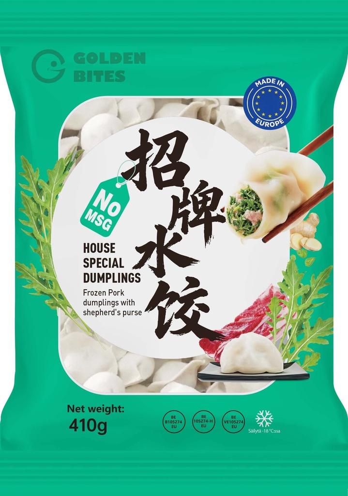 GOLDEN BITES Porsas–Kiinansipuli Pelmenit 410g | GOLDEN BITES 猪肉荠菜水饺 410g
