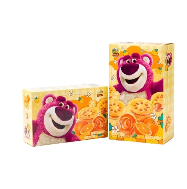 BQ Disney Lotso appelsiininmakuinen täytekeksi 168g | 滨崎 草莓熊果酱夹心饼干 橘子味 168g