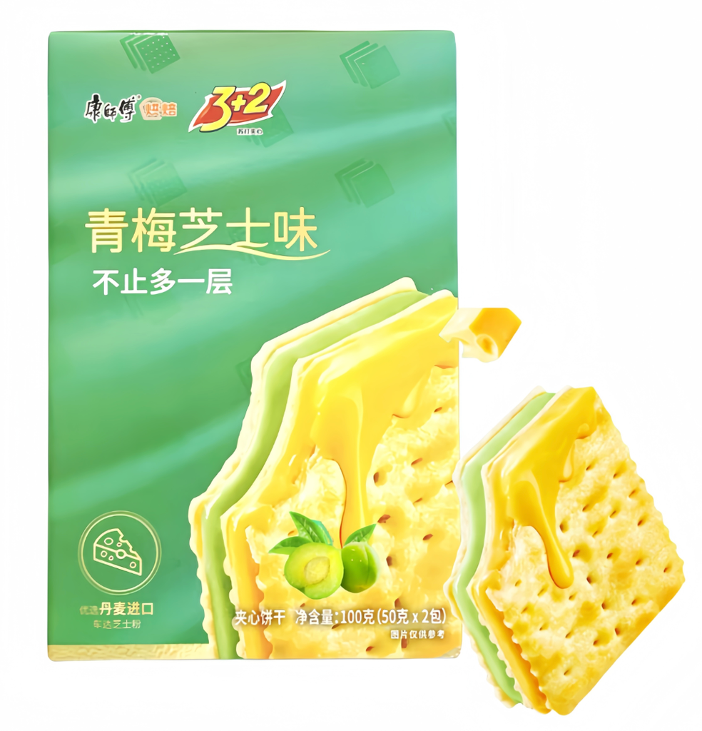 KSF 3+2 soodakeksit vihreä luumu -juustotäytteellä 100g | 康师傅 3+2 苏打夹心饼干 青梅芝士味 100g