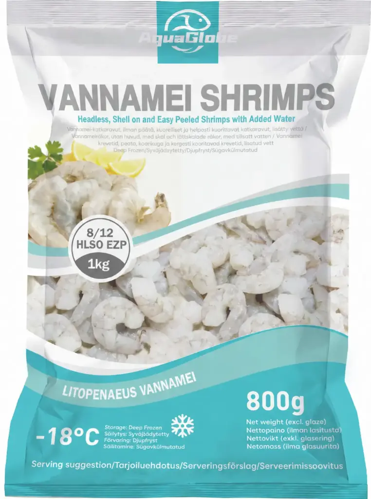 AquaGlobe Vannamei Katkaravut HLSO Easy Peeled 8/12 800 g| AquaGlobe 开背白虾 (无头有壳) 8/12 800g