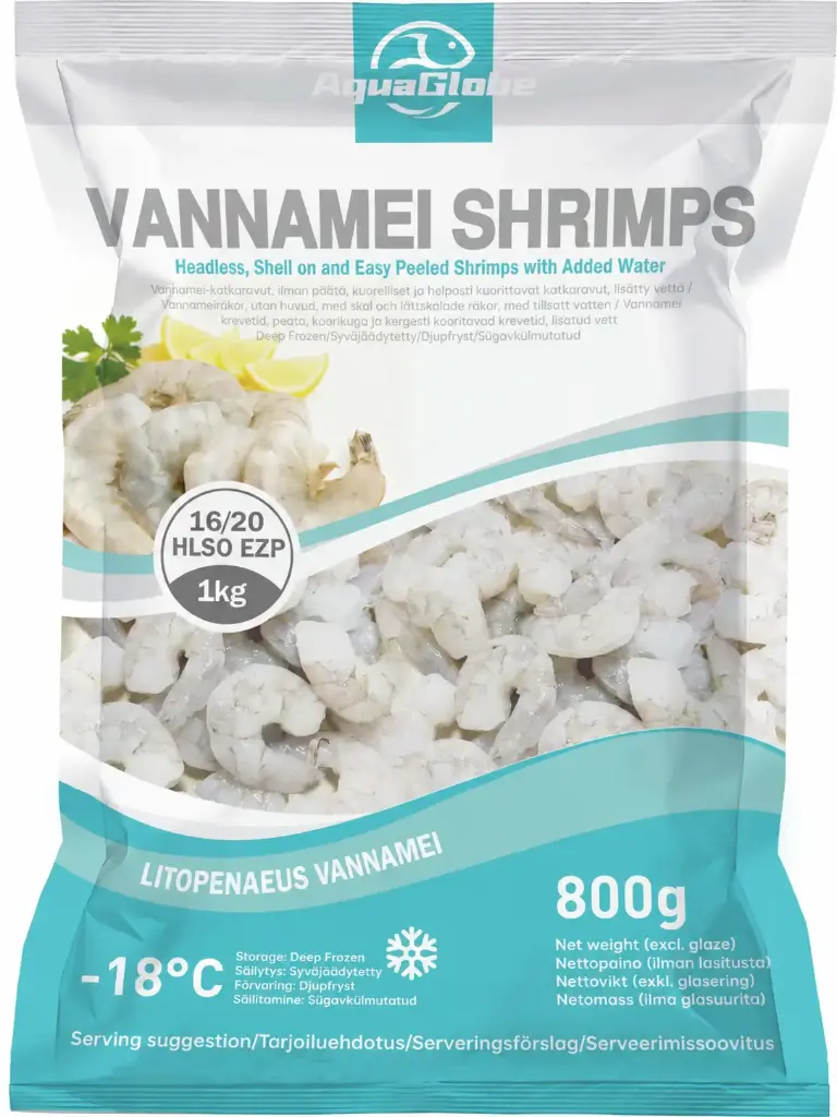 AquaGlobe Vannamei Katkaravut HLSO Easy Peeled 16/20 800 g | AquaGlobe 开背白虾 (无头有壳) 16/20 800g