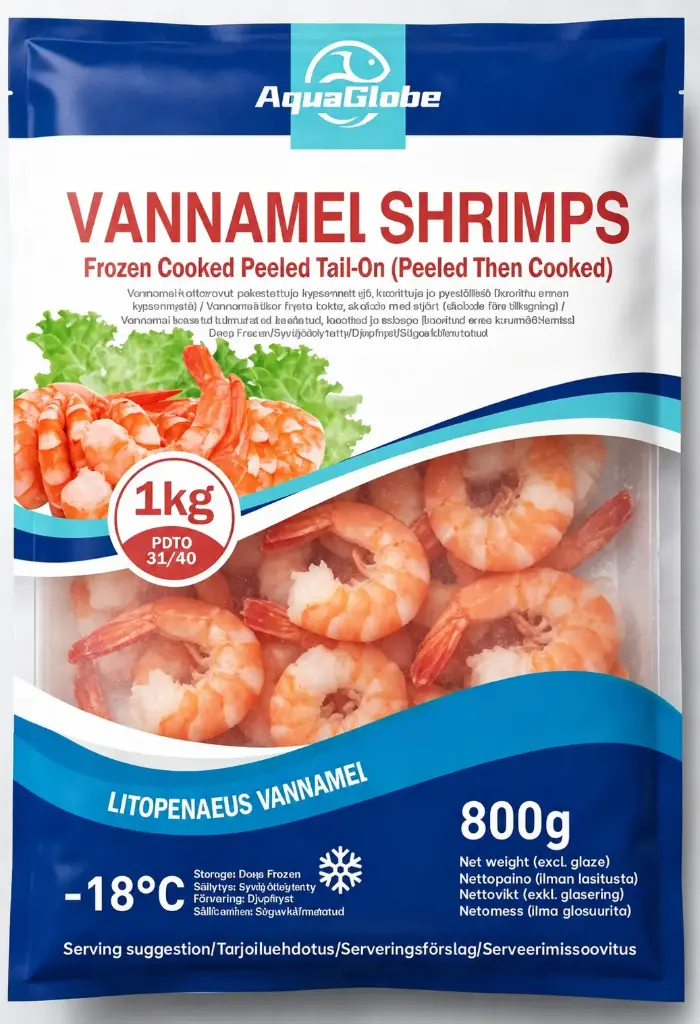 AquaGlobe Kypsät Kuoritut Vannamei Katkaravut Pyrstöllä 31/40 800 g | AquaGlobe 熟虾仁 带尾 31/40 800g