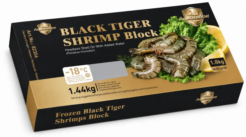GOLDEN AQUAGLOBE Mustatiikerikatkarapu 26/30 HLSO 1,8 kg (Valutettu paino 1,44 kg) | 金标AQUAGLOBE 26/30 黑虎大虾 (无头有壳) 1.8kg (净重 1.44kg） 