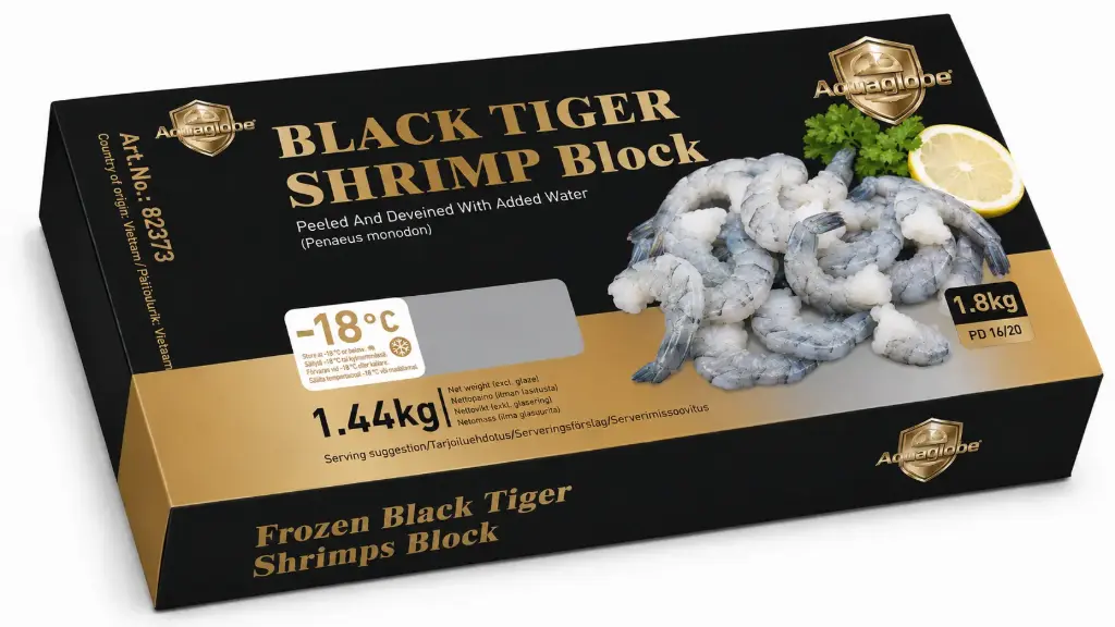 GOLDEN AQUAGLOBE Mustatiikerikatkarapu 16/20 PD 1,8 kg (Valutettu paino 1,44 kg) | 金标Aquaglobe 16/20 黑虎 虾仁1.8kg(净重 1.44kg)