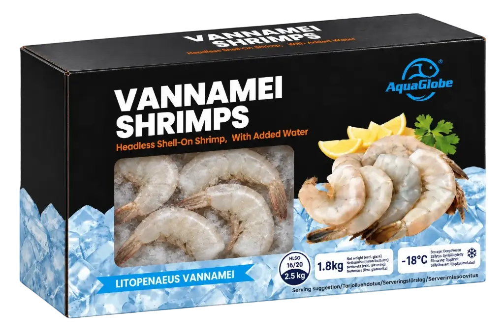 AquaGlobe Vannamei -jättikatkaravut 16/20 HLSO 1,8 kg (100 %) | AquaGlobe  越南白虾 无头有壳 16/20 HLSO 1.8kg (100%)