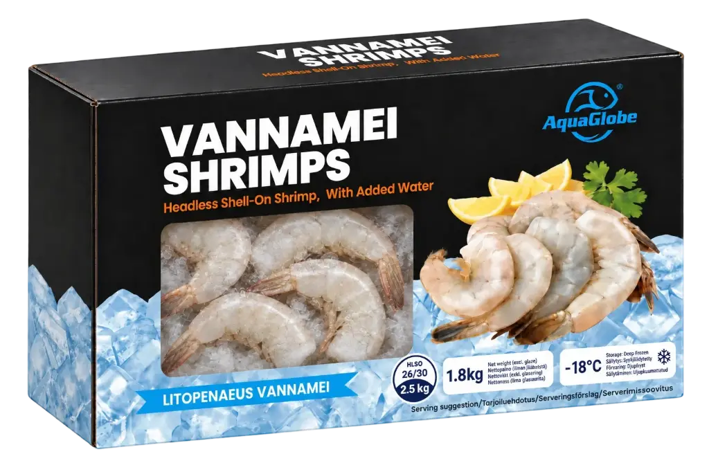 AquaGlobe  越南白虾 无头有壳  26/30 HLSO 1.8kg (100%) | AquaGlobe Vannamei -jättikatkaravut  26/30 HLSO 1,8 kg (100 %)