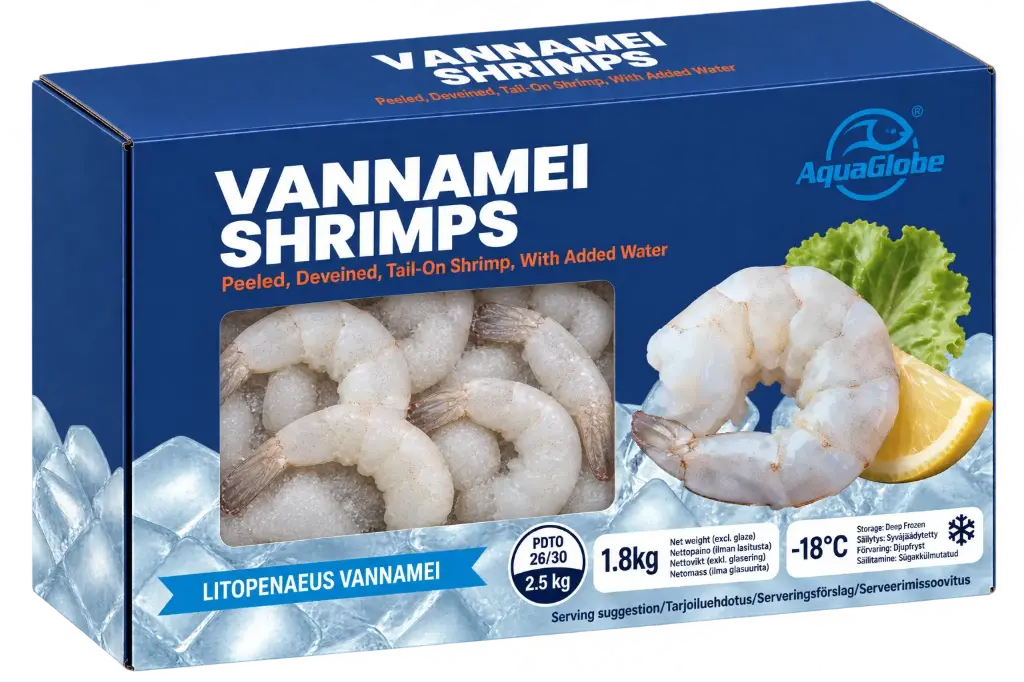 AquaGlobe Vannamei Shrimps 26/30 PDTO 1.8kg (100%) | AquaGlobe  越南白虾虾仁 带尾巴 26/30 1.8kg (100%)