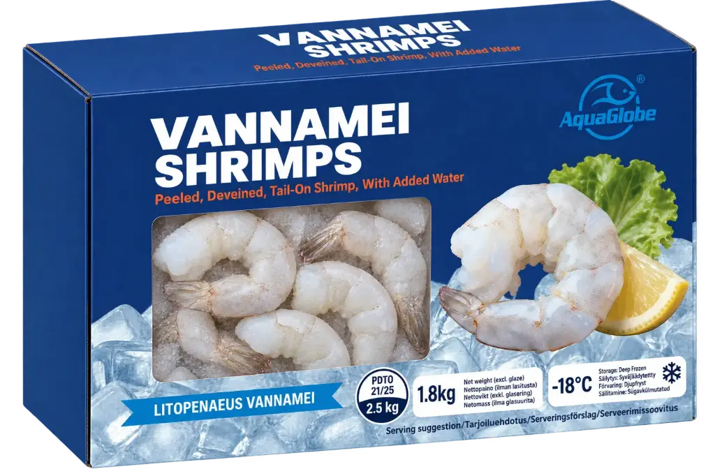 AquaGlobe Vannamei Shrimps 21/25 PDTO 1.8kg (100%) | AquaGlobe  越南白虾虾仁 带尾巴 21/25 1.8kg (100%)