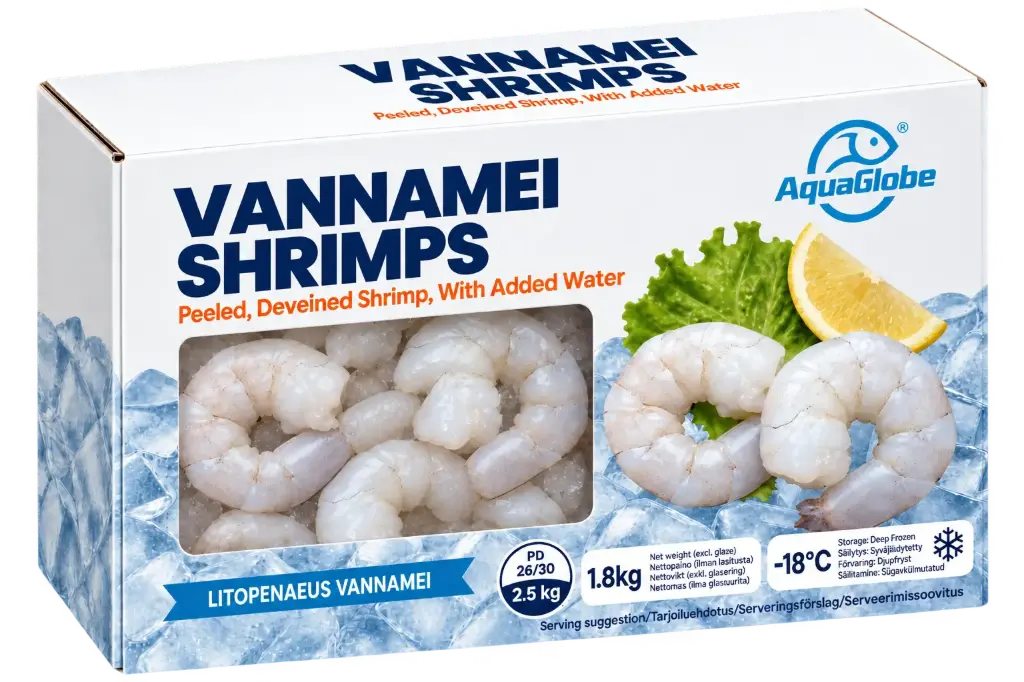 AquaGlobe Vannamei -jättikatkaravut 16/20 PD 1.8 kg (100 %) | AquaGlobe 越南白虾虾仁 16/20 PD 1.8kg (100%)