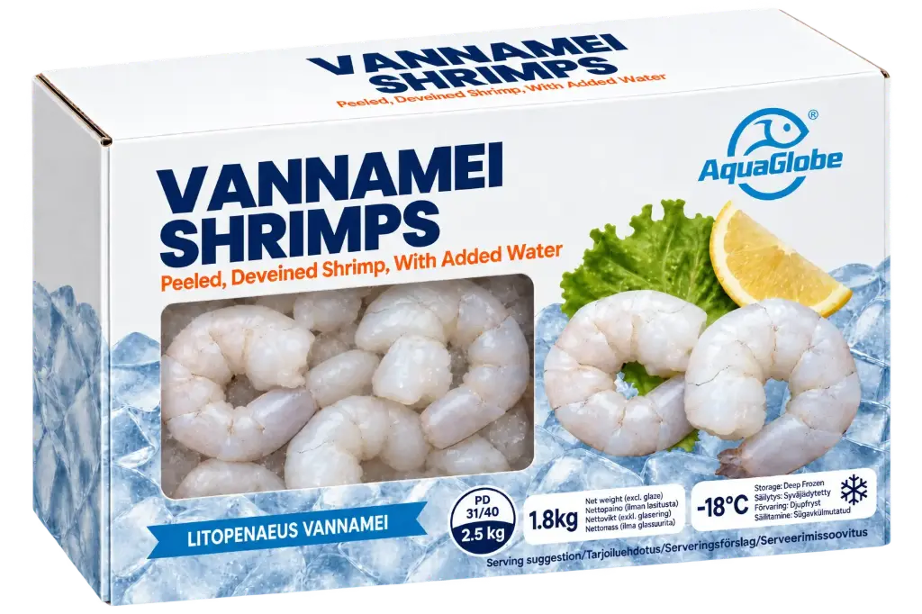 AquaGlobe Vannamei -jättikatkaravut 31/40 PD 1.8 kg (100 %) | AquaGlobe 越南白虾虾仁 31/40 PD 1.8kg (100%)