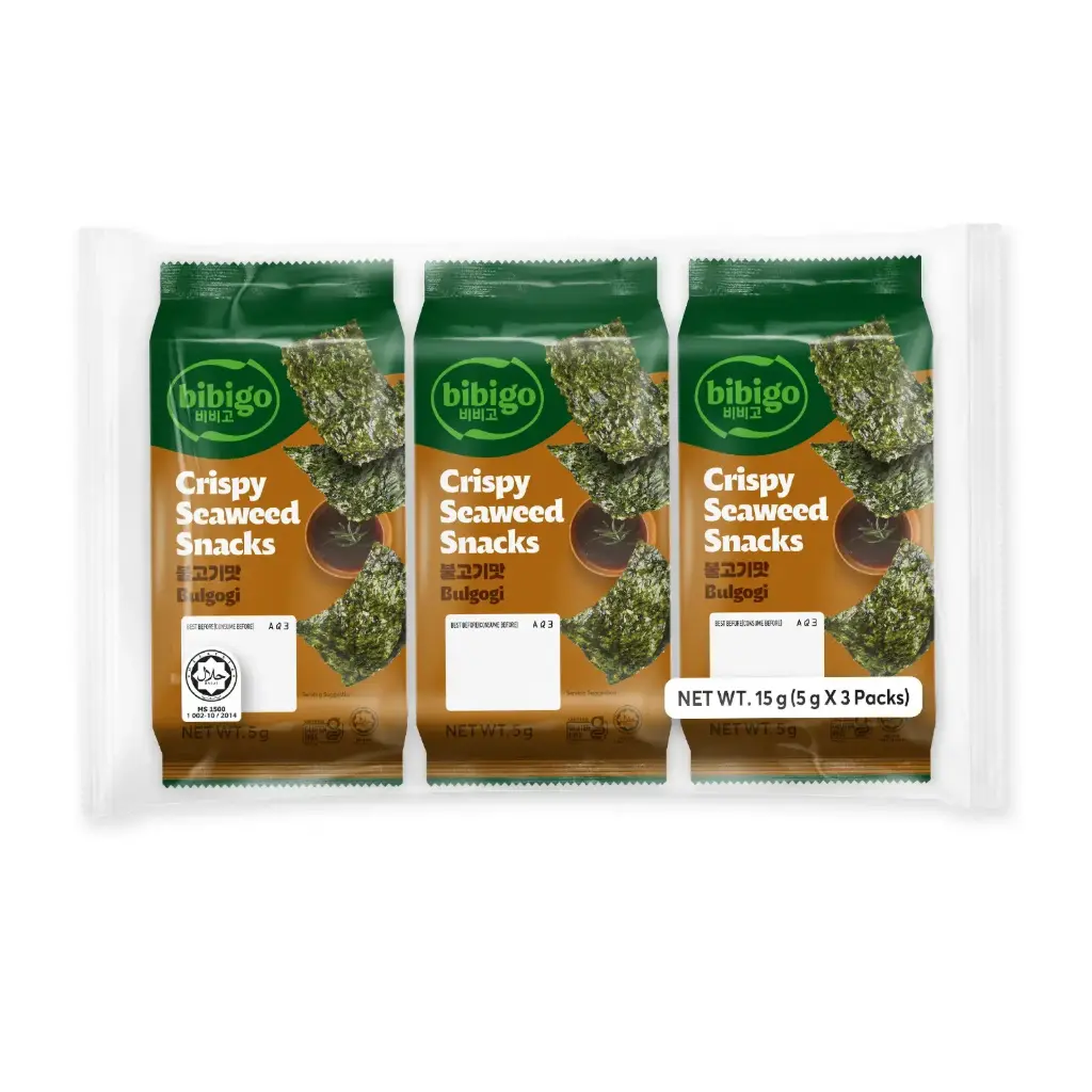 BIBIGO rapeat merilevävälipalat wasabi 5 g × 3 | 必品阁 烧烤味脆海苔零食 (5g × 3包)